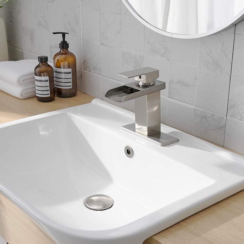 Homevacious Brushed Nickel Bathroom Faucet Waterfall Bathroom Vanity Sink Faucet Single Handle with Pop Up Drain and Deck Plate Modern Single Hole Lavatory Basin Commercial Faucets Mixer Tap - Image 2